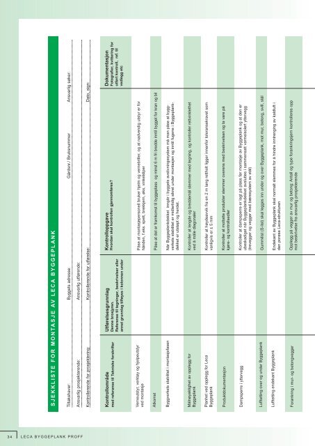 SJEKKLISTE FOR MONT ASJE A V LECA BYGGEPLANK