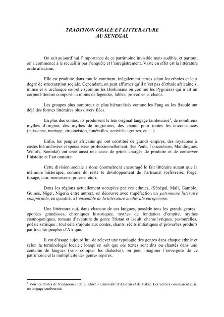 Tradition Orale Et Litterature Critaoi