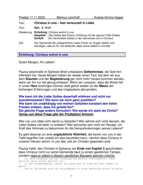 Christus In Uns Fest Verwurzelt In Liebe Anskar Kirche Deutschland