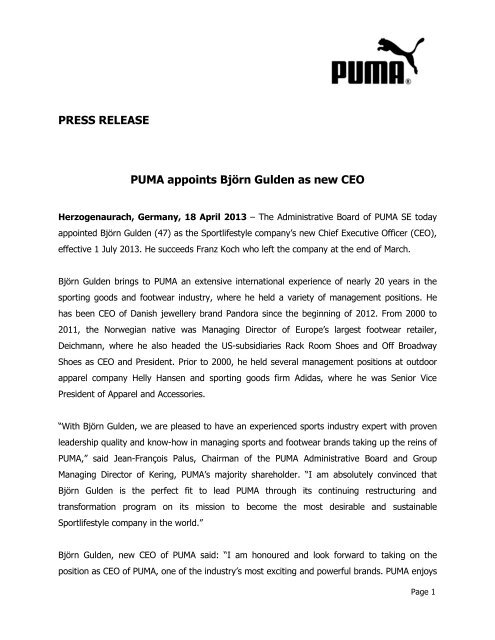 PRESS RELEASE PUMA appoints Björn 