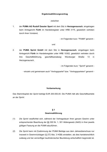Ergebnisabführungsvertrag zwischen 1. der PUMA ... - About PUMA
