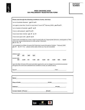 miss universe 2009 wa preliminary registration form ... - Box Magazine