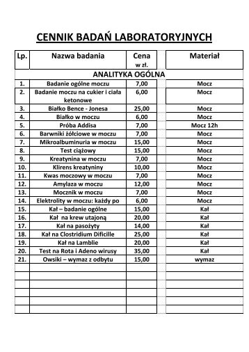 CENNIK BADAŃ LABORATORYJNYCH