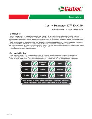 Castrol Magnatec 10W-40 A3/B4 Technikai adatlap - Castrol Mintabolt