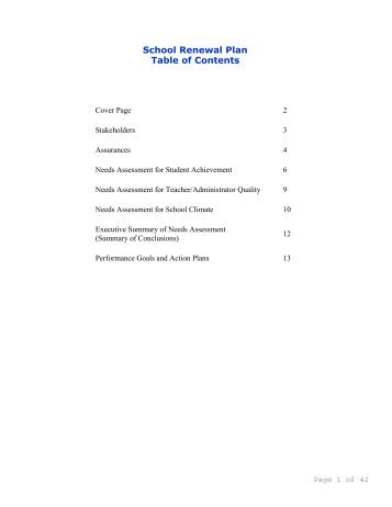 School Renewal Plan Table of Contents - SIC Member Network