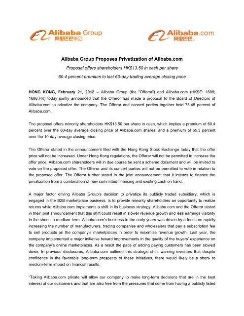 Alibaba Group Proposes Privatization Of Alibaba Com Proposal