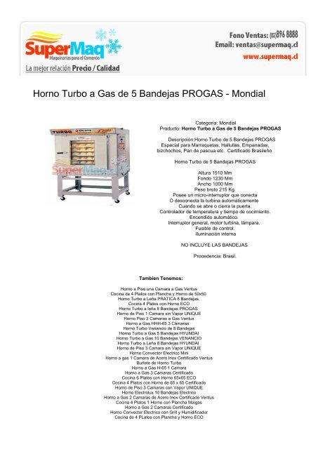 Horno Turbo a Gas de 5 Bandejas PROGAS  - Cafeteras Chile