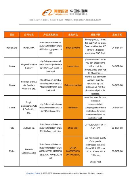 阿里巴巴9 月最新分类采购商名录http://exporter.alibaba.com