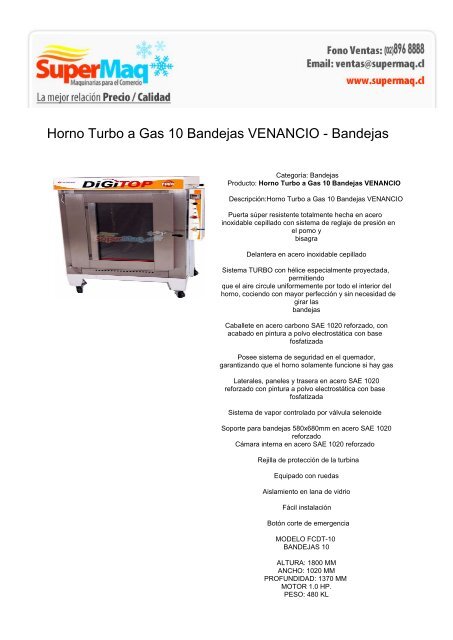 Horno Turbo a Gas 10 Bandejas VENANCIO  - Cafeteras Chile