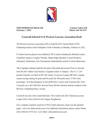 Cornwall Selected #1 in Western Lacrosse Association Draft - BCLA