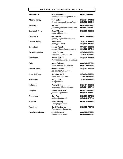 MINOR BOX LACROSSE PRESIDENTS/CONTACTS ... - BCLA