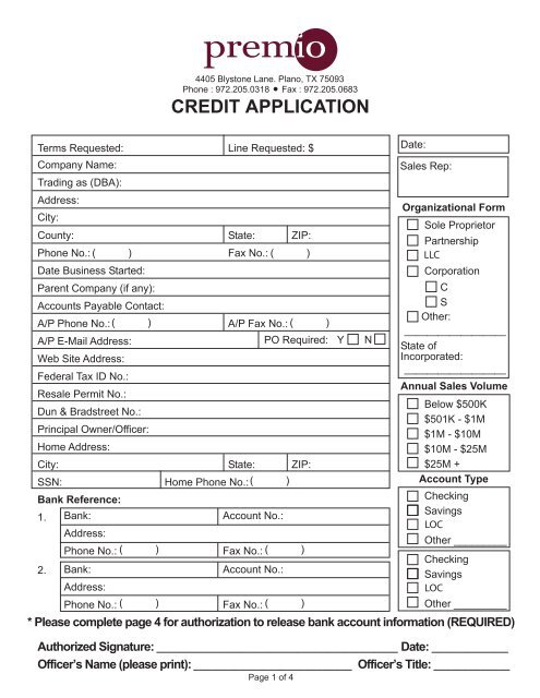 CREDIT APPLICATION - Premio, Inc.