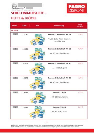 SCHULEINKAUFSLISTE – HEFTE & BLÖCKE - Pagro