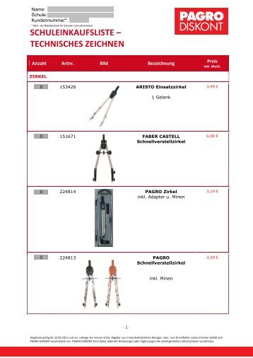 SCHULEINKAUFSLISTE – TECHNISCHES ZEICHNEN - Pagro
