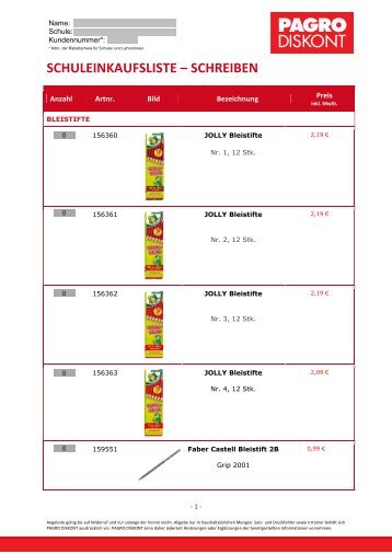 SCHULEINKAUFSLISTE – SCHREIBEN - Pagro