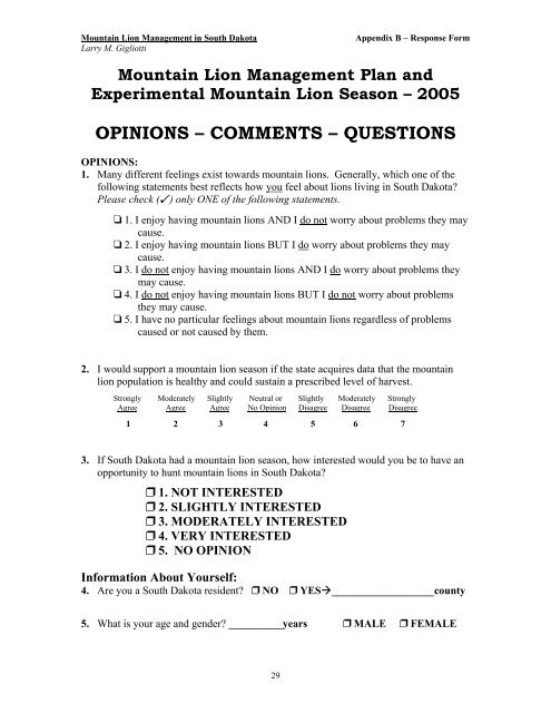 South Dakota Mountain Lion Public Opinion Poll