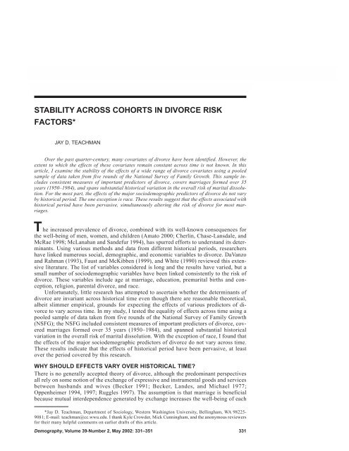 Stability Across Cohorts in Divorce Risk Factors - Bishop Ireton High ...