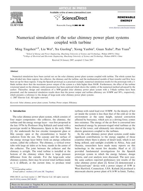 Numerical simulation of the solar chimney power plant systems ...