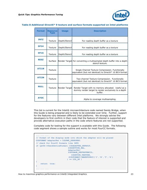 Intel HD Graphics DirectX Developer's Guide (Sandy Bridge)