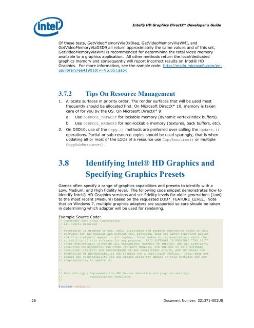 Intel HD Graphics DirectX Developer's Guide (Sandy Bridge)