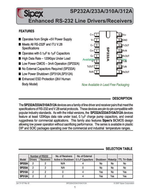 RS232 DCE/DTE Sipex SP232A IC Datasheet - Solarbotics