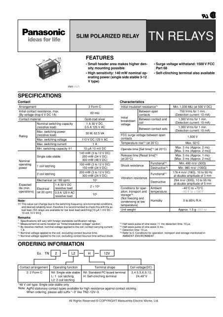 PANASONIC CORP. (TN2-L2-5V) TN RELAY (2-COIL LATCH)