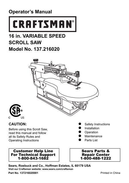 Operator's Manual 16 in. VARIABLE SPEED SCROLL SAW ... - Sears