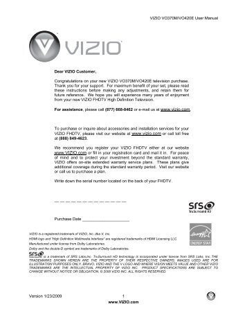 For assistance - Vizio