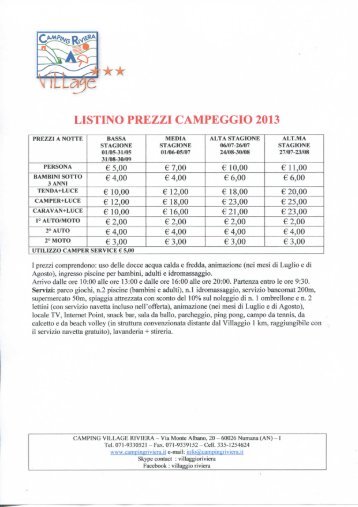 LISTINO PREZZI CAMPEGGIO 2013