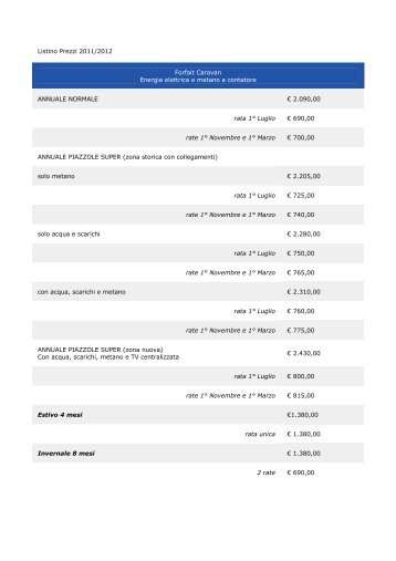 Listino Prezzi 2011/2012 Forfait Caravan Energia elettrica e metano ...