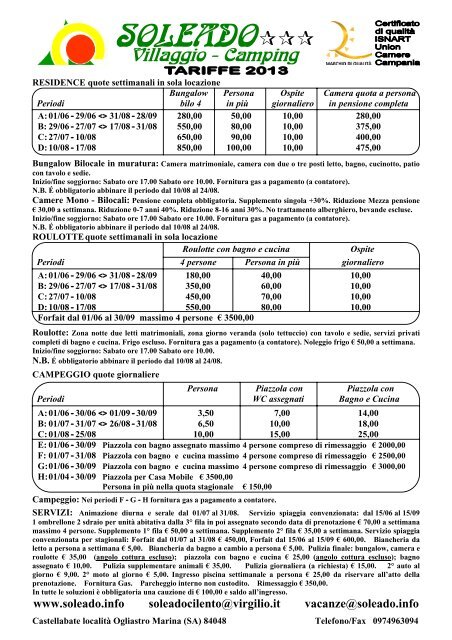 Listino e regolamento 2013