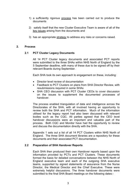 SHA Handover Reports - NHS Yorkshire and the Humber