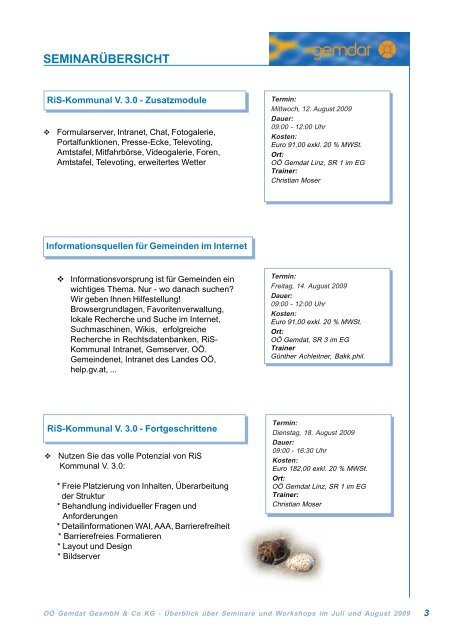 Seminare und Workshops Juli und August 2009 - Gemdat OÖ