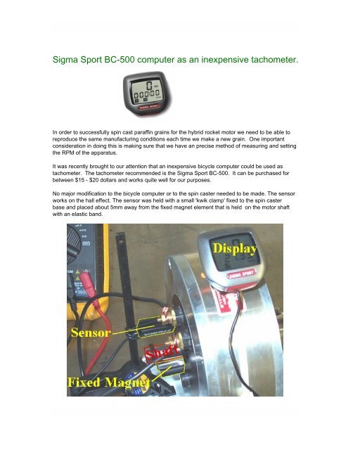 Sigma Sport BC-500 computer as an inexpensive tachometer.