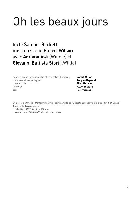 texte Samuel Beckett mise en scène Robert Wilson avec Adriana ...