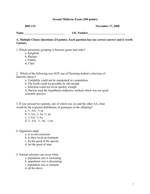 Second Midterm Exam (200 points) BIO 115 November 17, 2000 ...