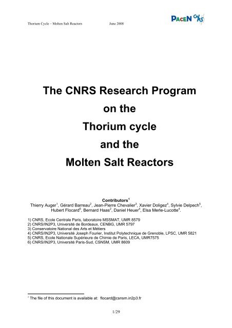The CNRS Research Program on the Thorium cycle ... - Pacen - IN2P3