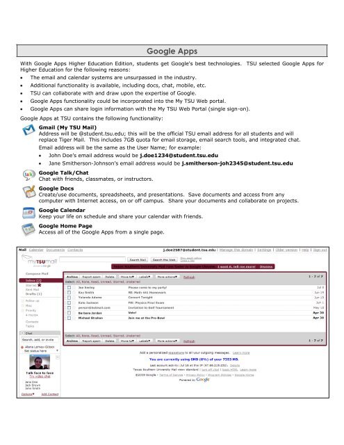 My TSU Web Portal and Google Apps for Students at TSU
