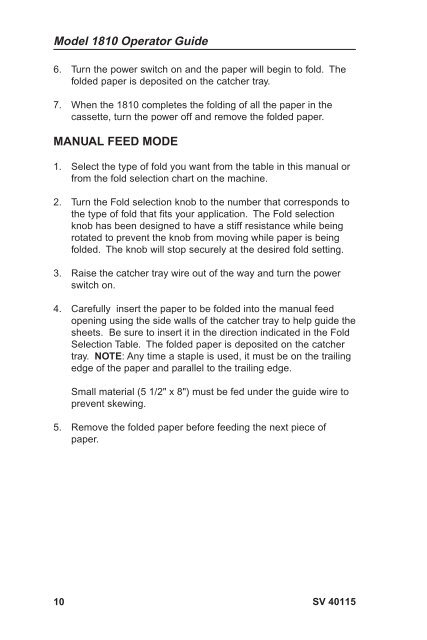 1810 Folder Operating Guide SV40115 4/95 - Pitney Bowes Canada