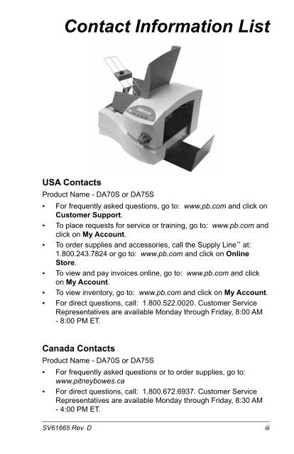 Printer DA70S, DA75S Operator Guide - Pitney Bowes Canada