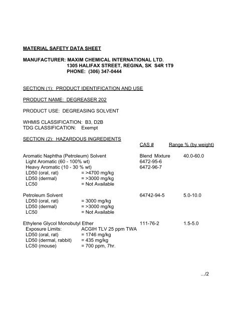 material safety data sheet manufacturer: maxim chemical ...