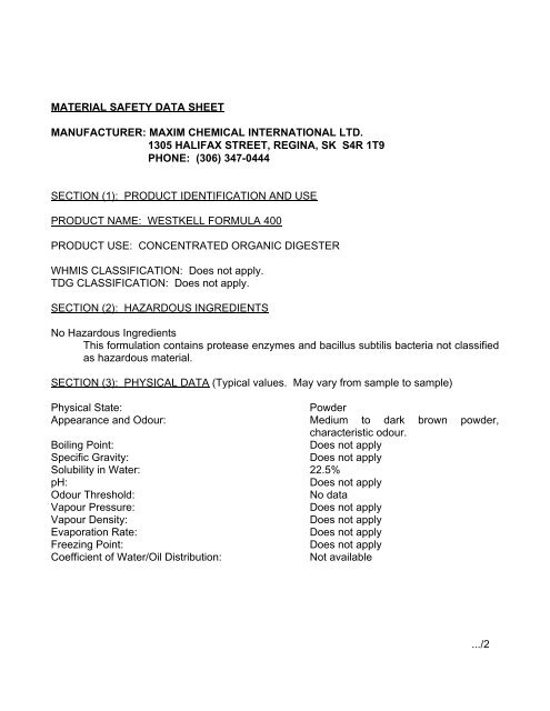 material safety data sheet manufacturer: maxim chemical ...