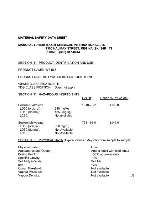 material safety data sheet manufacturer: maxim chemical ...