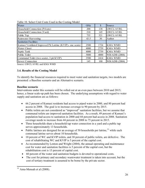 A Water and Sanitation Needs Assessment for Kumasi, Ghana