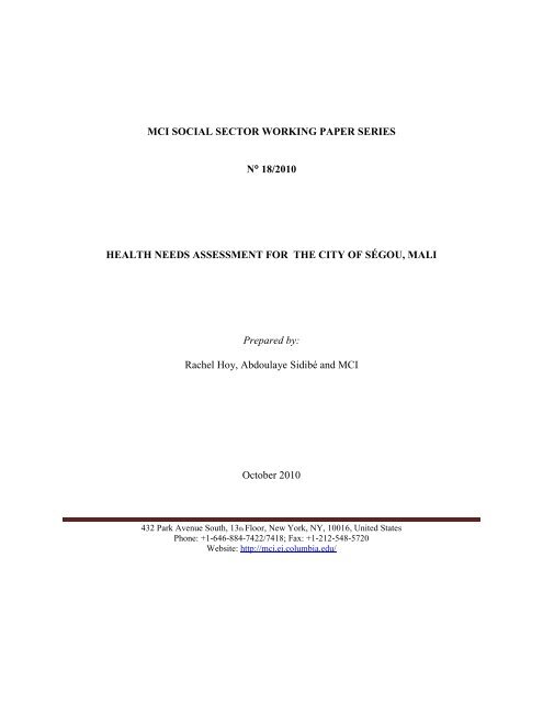 Health Needs Assessment for the City of Segou, Mali - Millennium ...