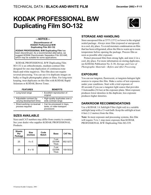 KODAK PROFESSIONAL B/W Duplicating Film SO-132 - 125px