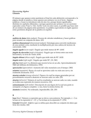Discovery Algebra Glossary in Spanish 1 Discovering Algebra ...