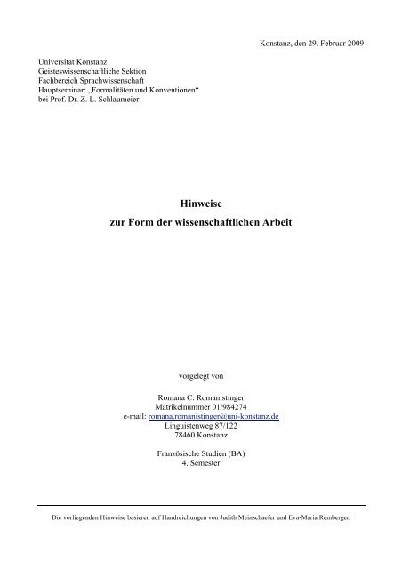 Hinweise zur Form der wissenschaftlichen Arbeit - Fachbereich ...