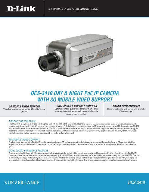 DCS-3410 DAy & NIGHT PoE IP CAMERA WITH 3G ... - D-Link