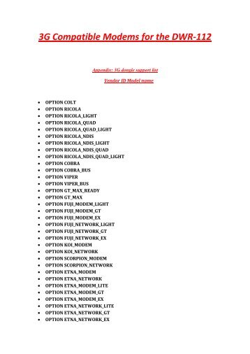 3G Compatible Modems for the DWR-112 - D-Link